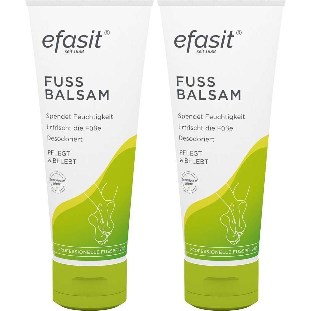 Zwei Tuben efasit® FUSS BALSAM. Weiß, mit grünen Akzenten. Text: FUSS BALSAM, spendet Feuchtigkeit, erfrischt, desodoriert, pflegt.
