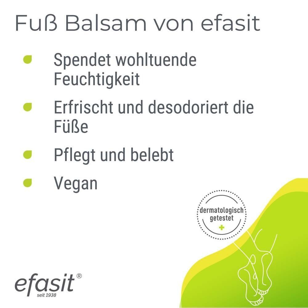 Text: Fuß Balsam von efasit. Vorteile: spendet Feuchtigkeit, erfrischt, desodoriert, pflegt. Dermatologisch getestet.