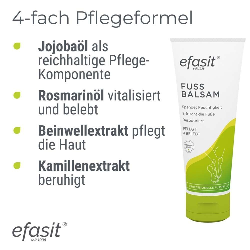 Text: 4-fach Pflegeformel. Inhaltsstoffe: Jojobaöl, Rosmarinöl, Beinwellextrakt, Kamillenextrakt. Tube efasit® FUSS BALSAM.
