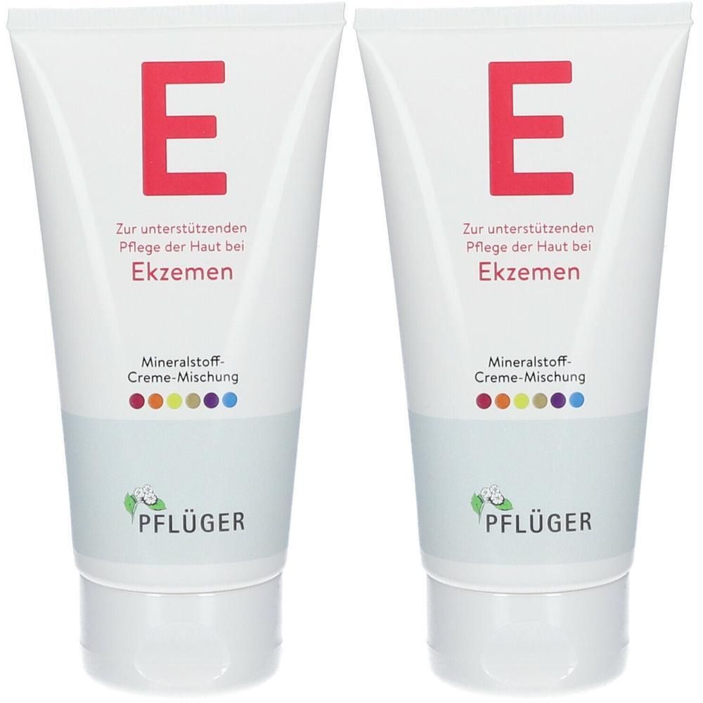 Zwei weiße Tuben mit rotem "E" und Text. Aufschrift: Mineralstoff-Creme-Mischung, Pflüger. Für Hautpflege bei Ekzemen.