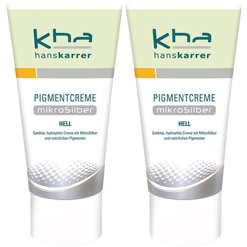 Zwei Tuben Pigmentcreme. Aufschrift: kha hanskarrer, PIGMENTCREME mikroSilber Hell. Weiße Tube mit grüner und gelber Gestaltung.