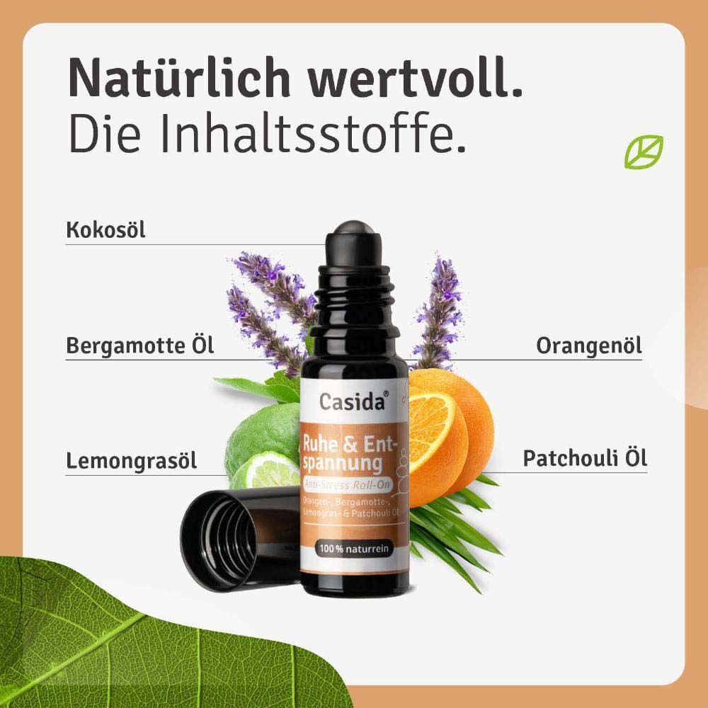 Roll-On-Flasche mit Zutaten: Kokosöl, Bergamotte, Lemongras, Orangenöl, Patchouliöl. Aufschrift: Casida, Ruhe & Entspannung.