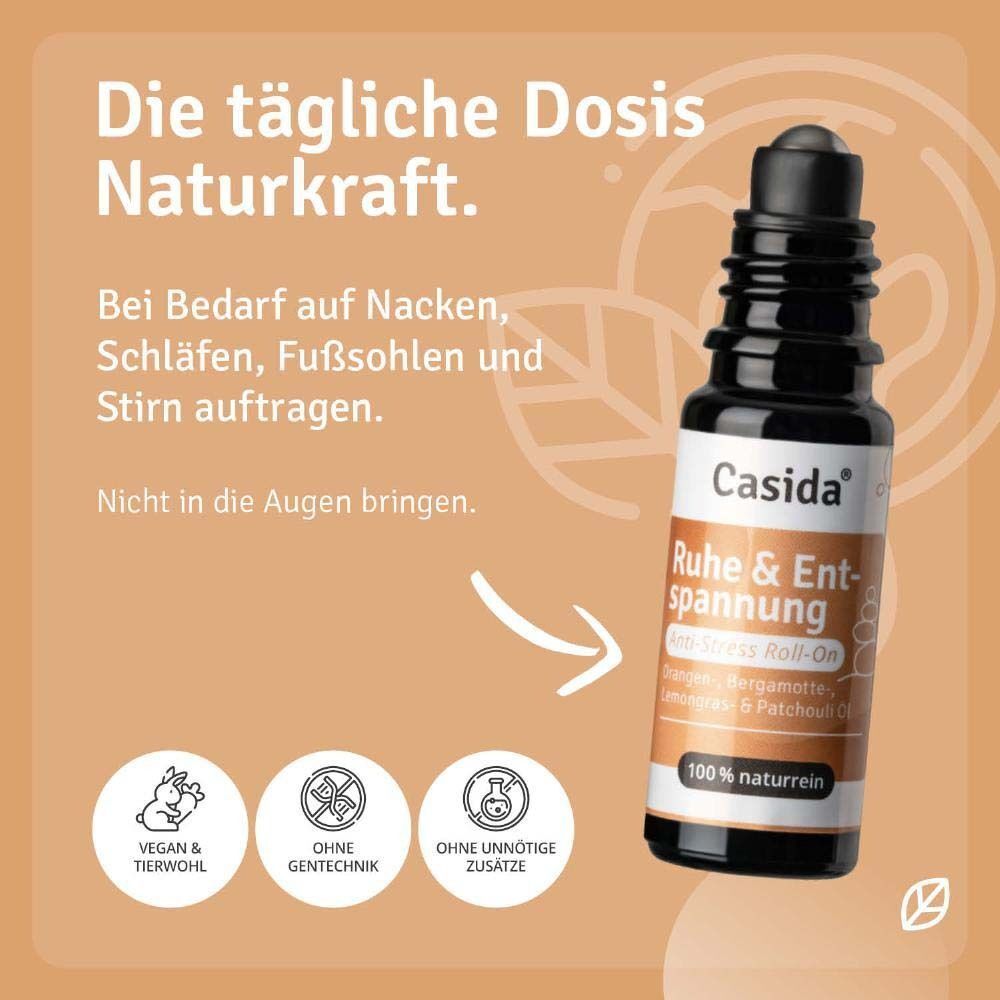 Roll-On-Flasche. Aufschrift: Casida, Ruhe & Entspannung, Anti-Stress Roll-On. Vegan & tierwohl, ohne Gentechnik, ohne unnötige Zusätze.