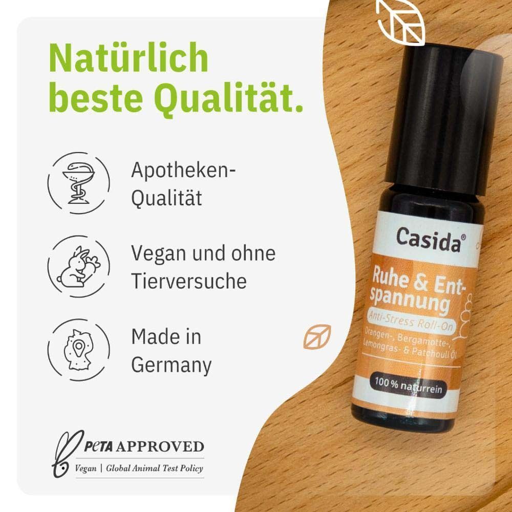 Roll-On-Flasche. Aufschrift: Casida, Ruhe & Entspannung, Anti-Stress Roll-On. Apotheken-Qualität, vegan, Made in Germany, PETA-Approved.