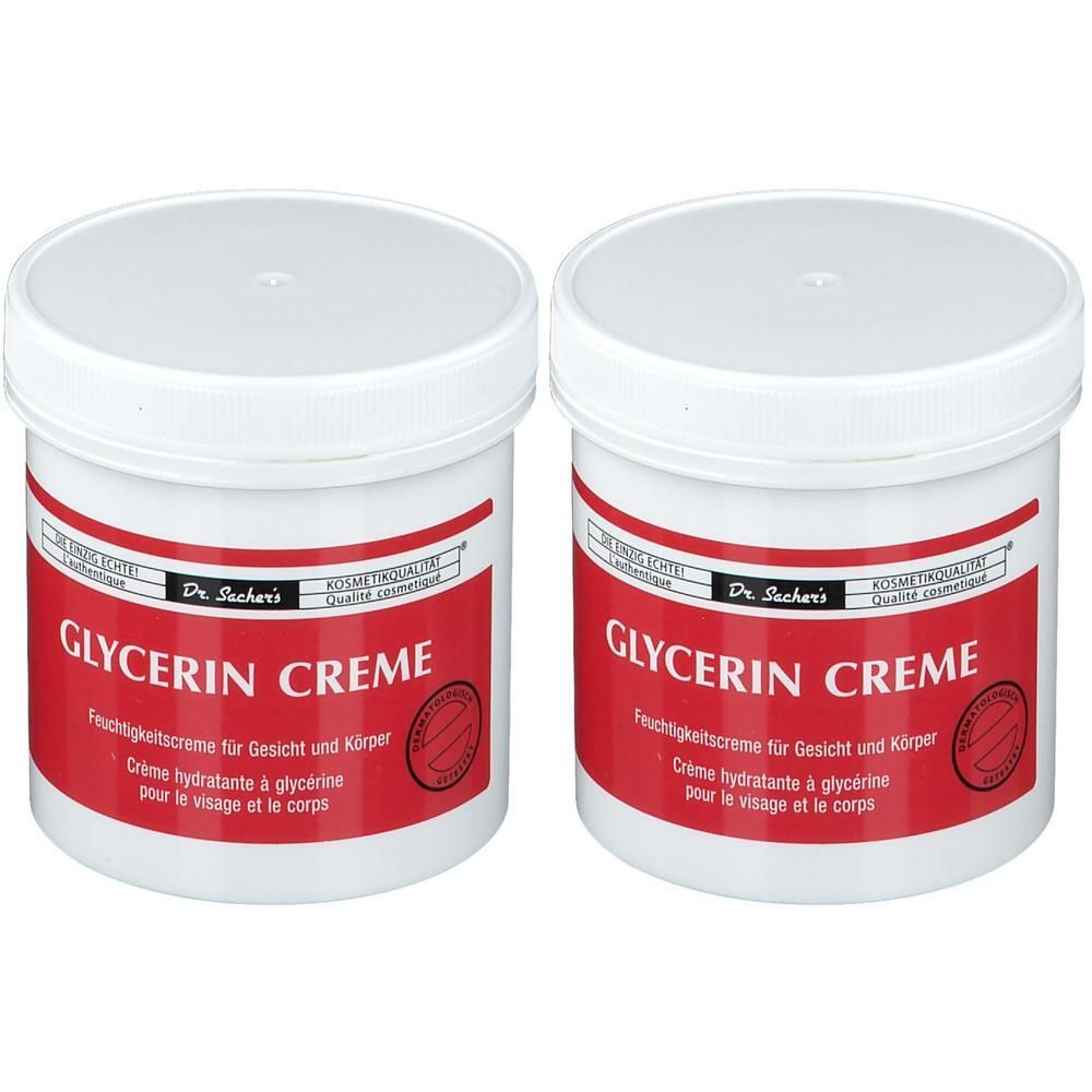 Zwei weiße Tiegel mit rotem Etikett. Auf dem Etikett steht "GLYCERIN CREME" und "Dr. Sachers".