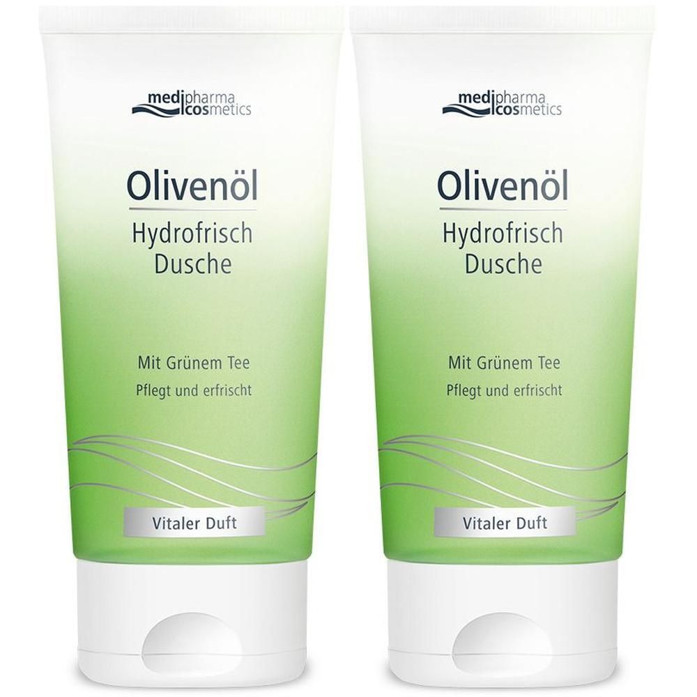 Zwei Tuben Olivenöl Hydrofrisch Dusche. Weiße Tuben mit grüner Schrift und Logo. Text: Mit Grünem Tee, Vitaler Duft.