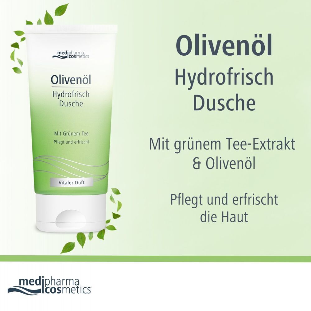Tube Olivenöl Hydrofrisch Dusche. Weiße Tube mit grünem Farbverlauf und Schrift. Text: Mit Grünem Tee, Vitaler Duft. Blätter.