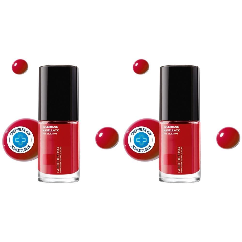 Zwei rote Nagellackflaschen mit schwarzem Deckel. Daneben rote Kugeln und ein Logo mit blauem Kreuz.