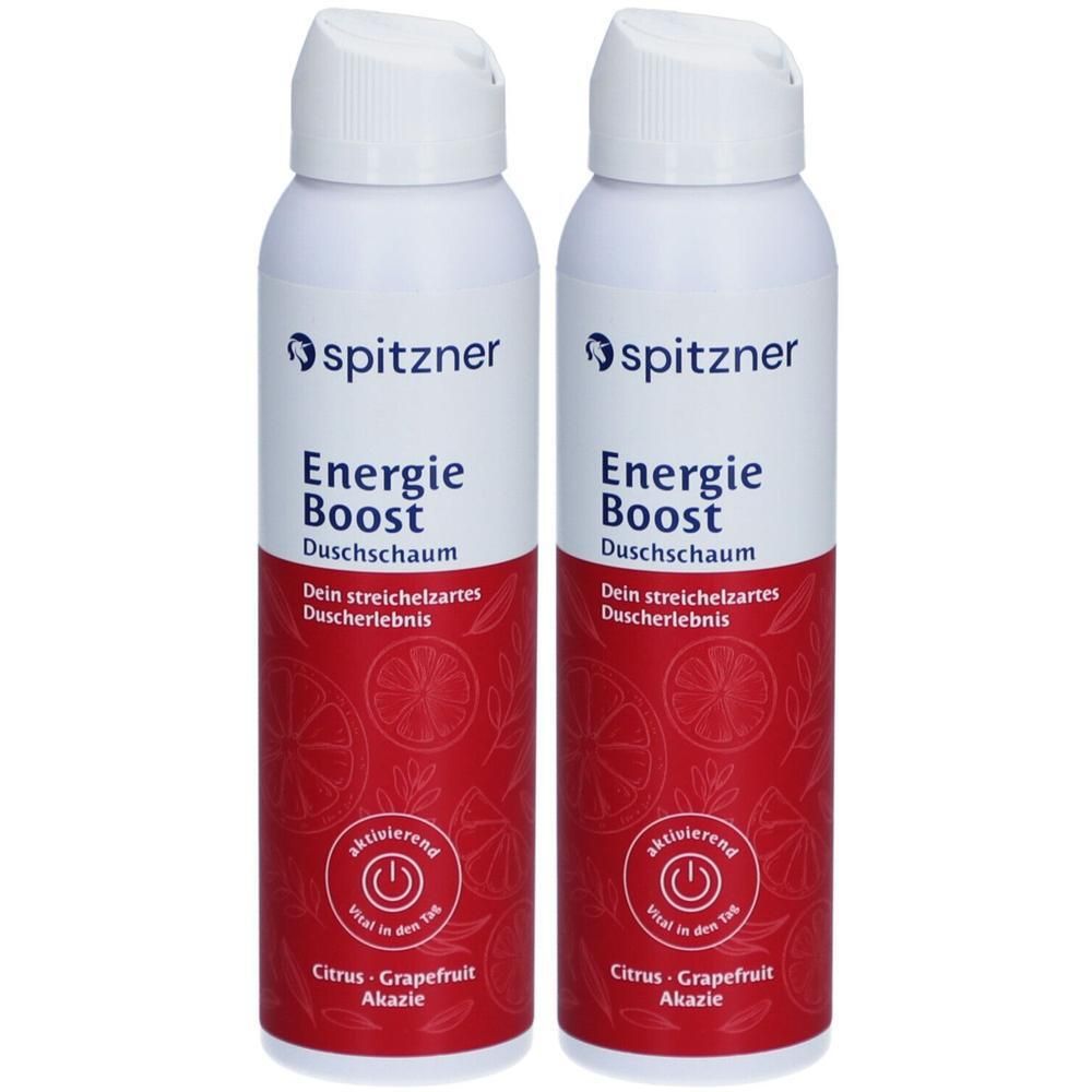 Zwei weiße Sprühflaschen mit rotem Etikett. Aufschrift: Spitzner Energie Boost Duschschaum. Mit Citrus-Grapefruit-Akazie.