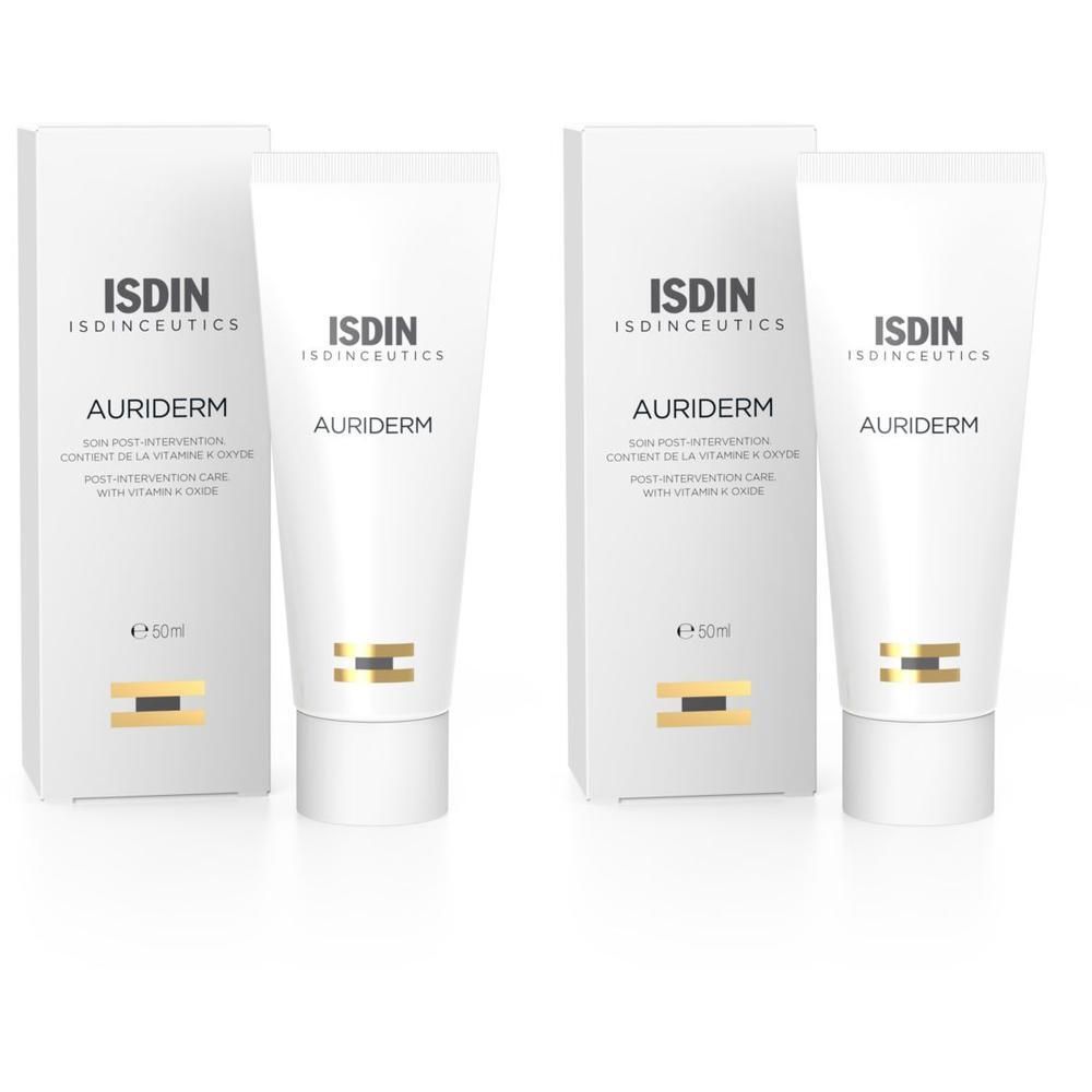 Zwei Tuben und Verpackungen von Auriderm Creme. Auf den Verpackungen sind die Logos von ISDIN und ISDINCEUTICS zu sehen.