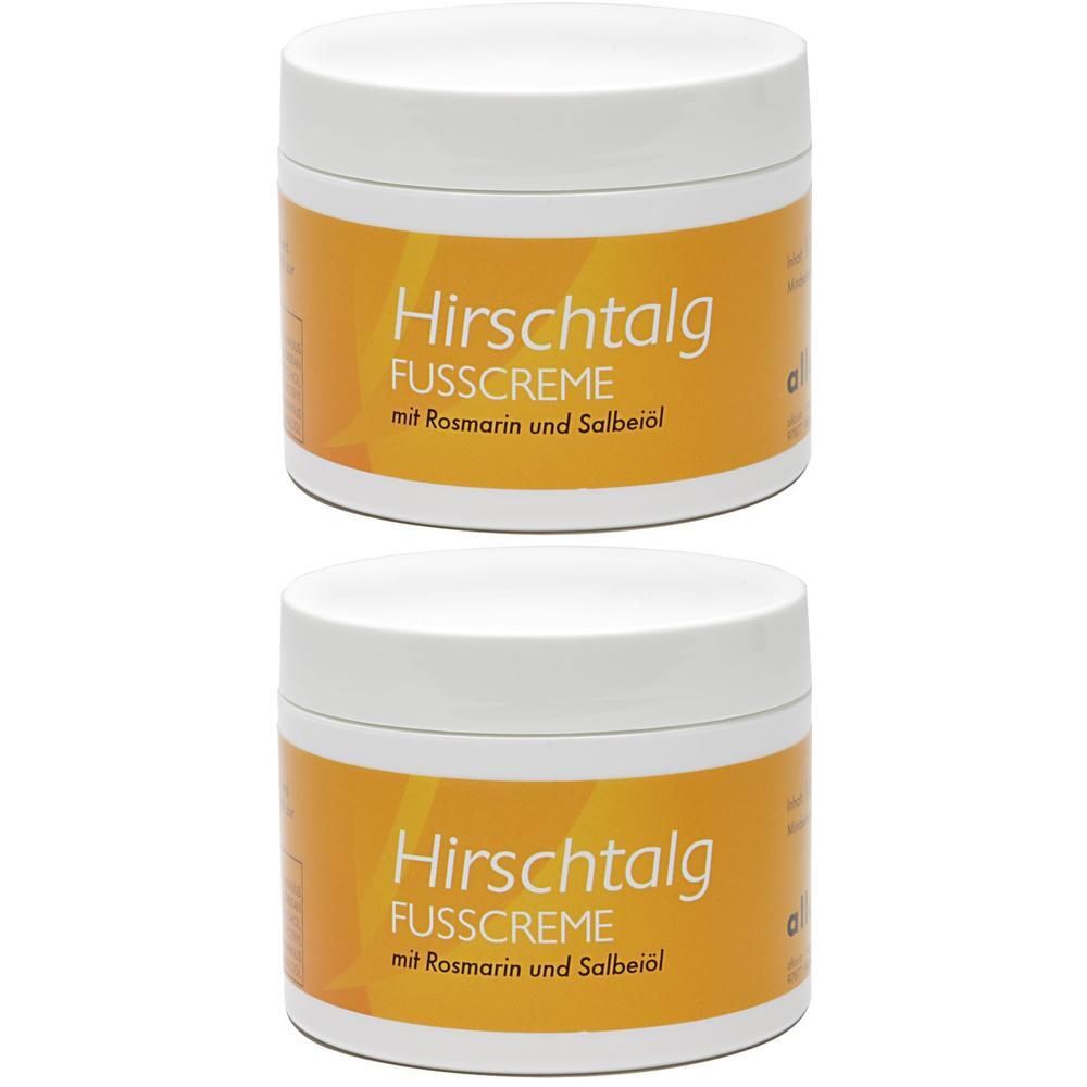 Zwei Tiegel Hirschtalg Fusscreme mit Rosmarin und Salbeiöl. Weiße Deckel, gelbe Etiketten mit Produktnamen.
