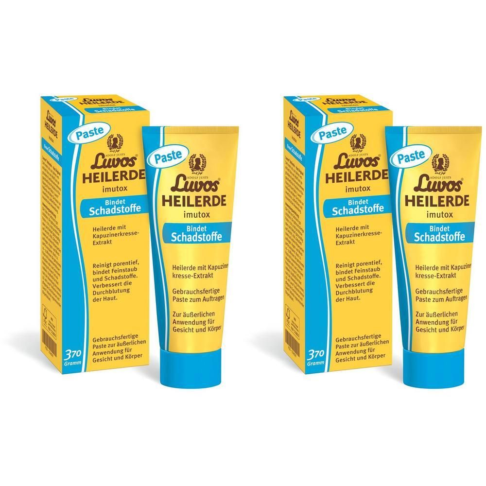Zwei Packungen Luvos Heilerde imutox Paste und Kartons. Gelbe Tube und Karton mit blauer Schrift. Bindet Schadstoffe.
