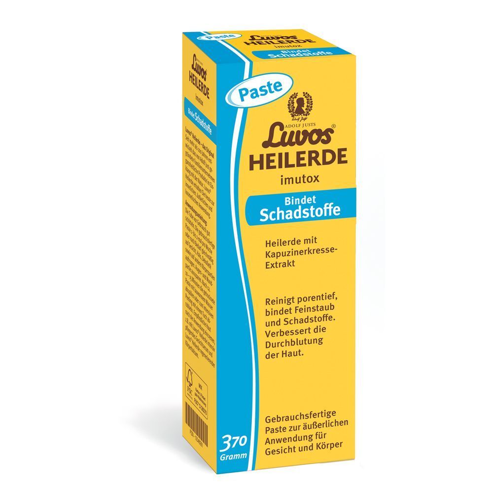 Gelber Karton Luvos Heilerde imutox. Blaue Schrift: Bindet Schadstoffe. Heilerde mit Kapuzinerkresse-Extrakt. 370 Gramm.
