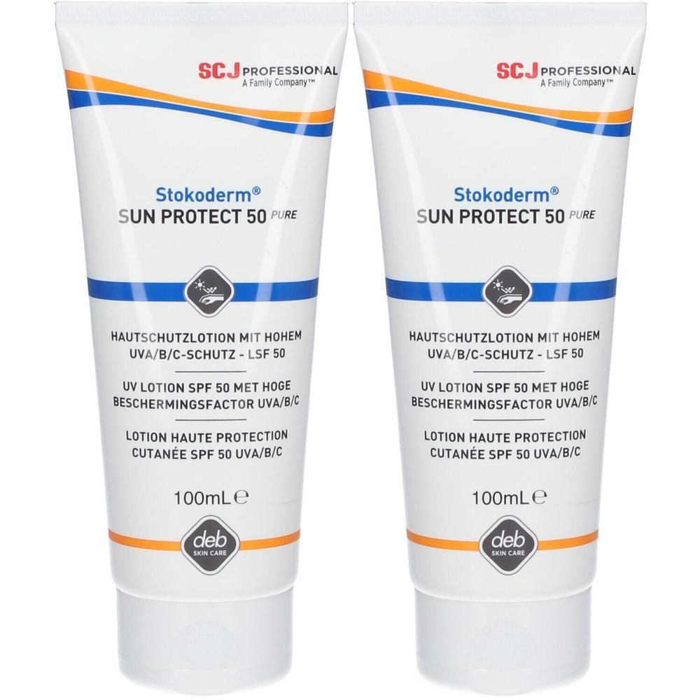 Zwei Tuben Stokoderm Sun Protect 50 PURE. Weiße Tuben mit blauen und orangen Akzenten. Text: Hautschutzlotion, LSF 50, 100ml.