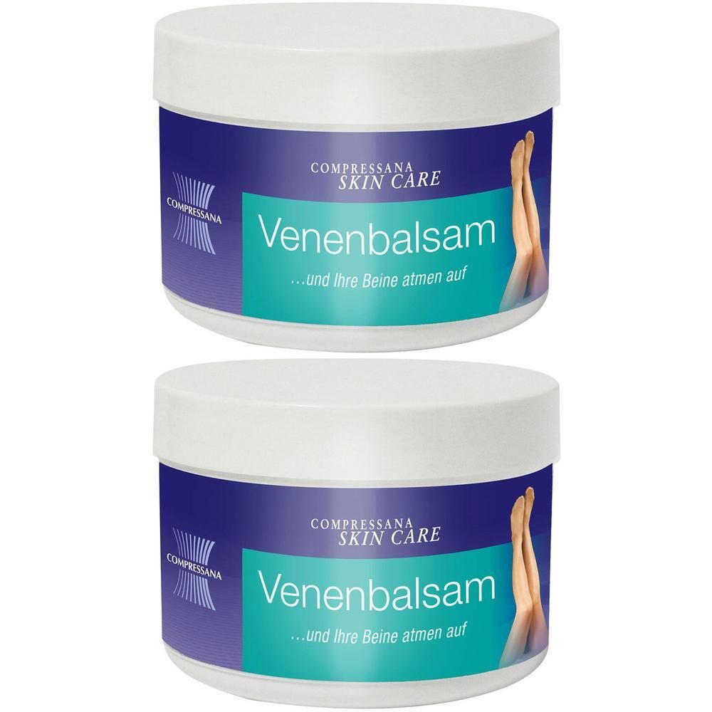 Zwei weiße Tiegel mit Deckel. Auf blau-grünem Etikett steht „Venenbalsam“ und „Compressana Skin Care“. Abgebildet sind Beine.