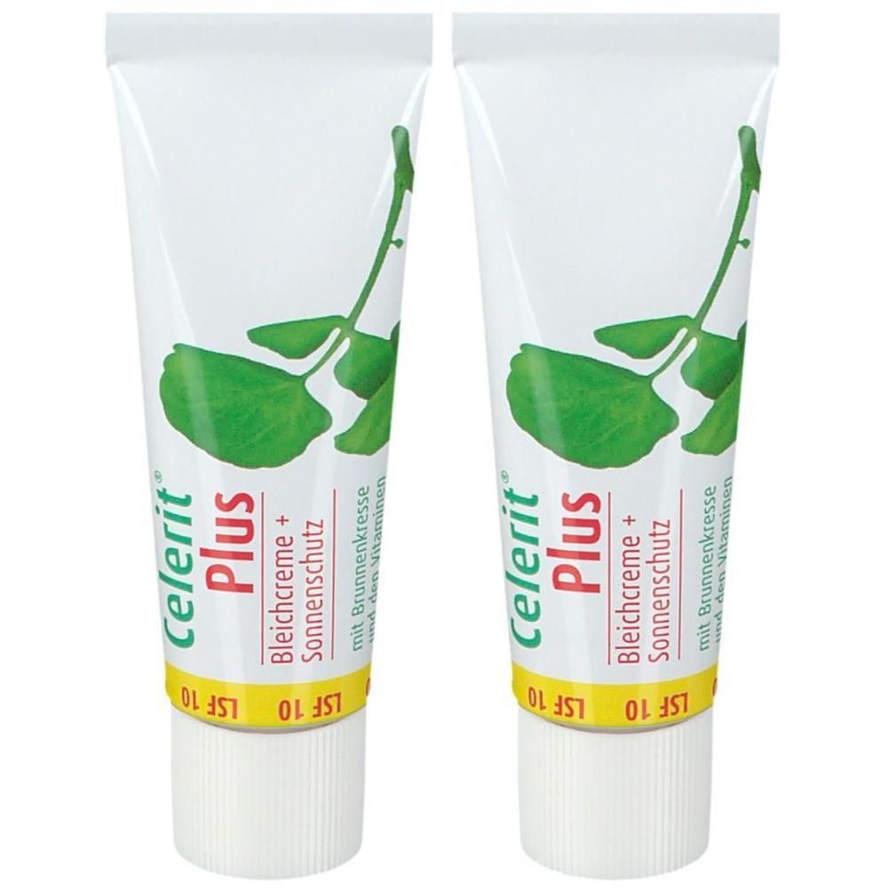 Zwei Tuben Celerit Plus Bleichcreme mit Lichtschutzfaktor 10. Weiße Tuben mit grünen Blättern und Produktinformationen.