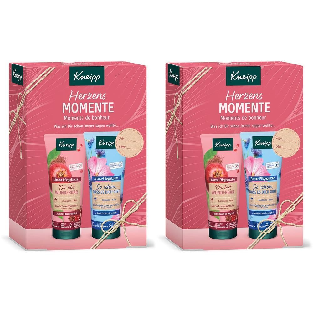 Geschenkset mit zwei Tuben und einer Geschenkbox. Rosa-weißes Design mit Produktabbildungen und Text. Kneipp-Logo.