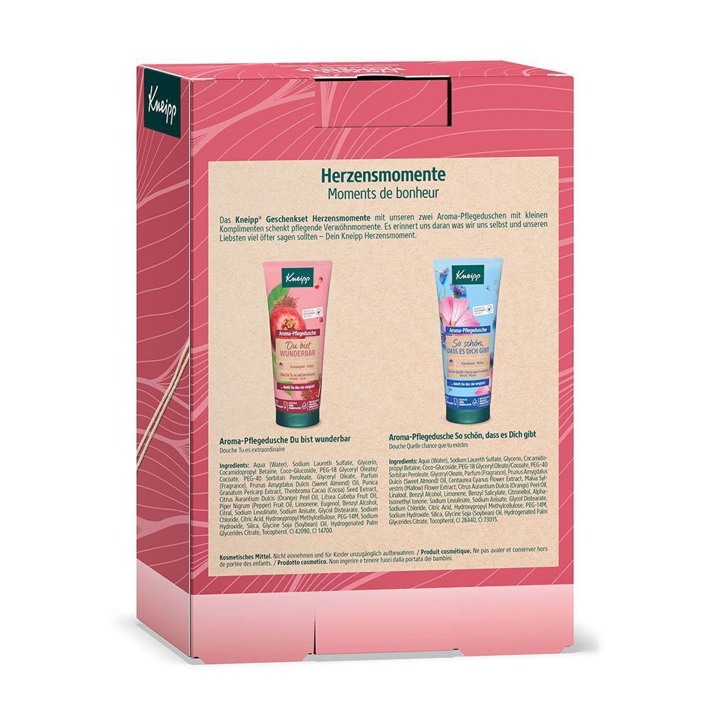 Rückseite der Geschenkbox. Produktabbildungen und Text auf rosa Hintergrund. Kneipp-Logo. Inhaltsstoffe.