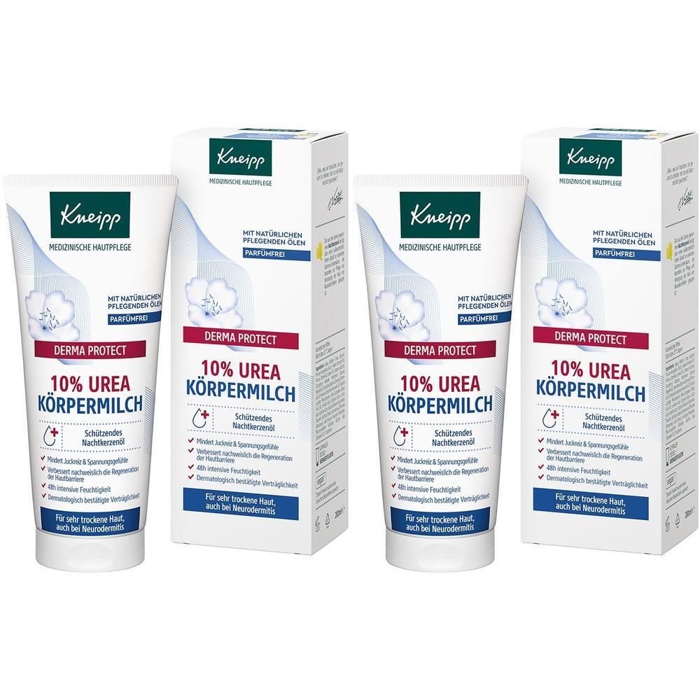 Drei Tuben und zwei Kartons Kneipp Derma Protect Körpermilch. Aufschrift: 10% Urea. Medizinische Hautpflege.