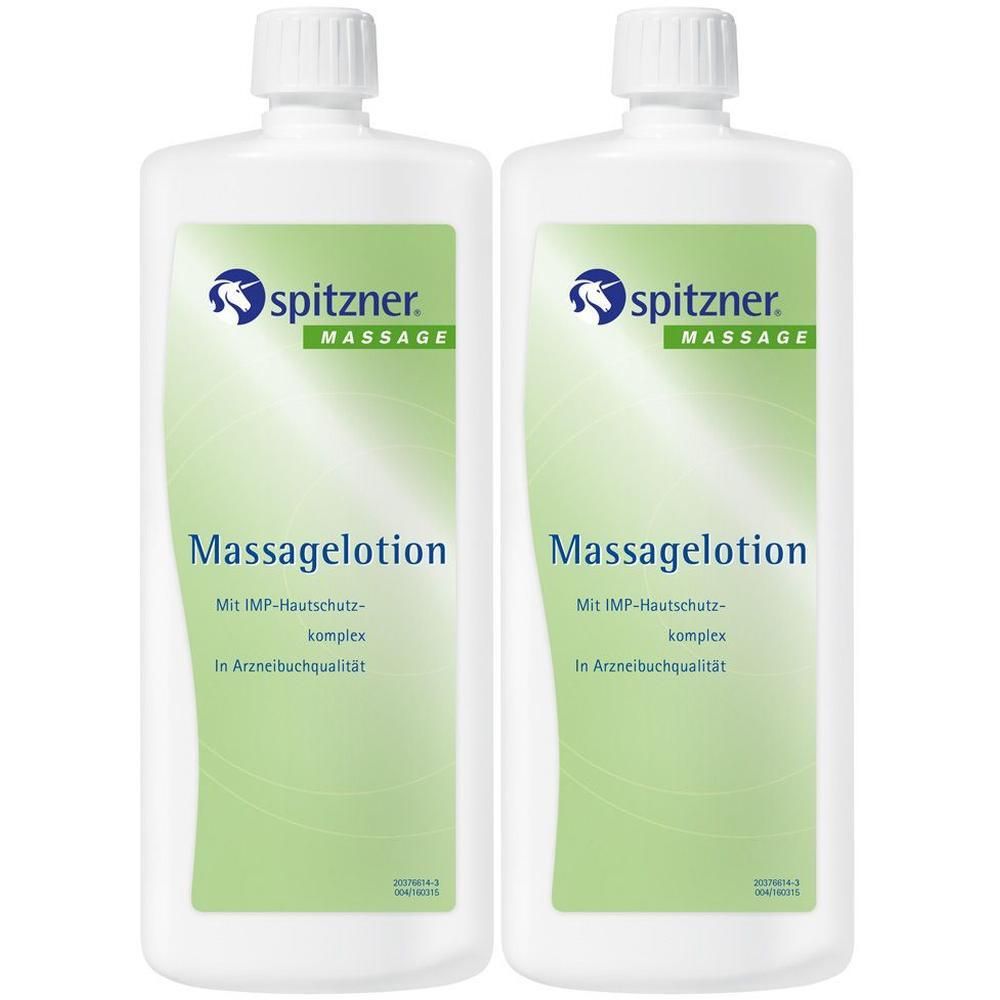 Zwei weiße Flaschen mit Spitzner Massage Massagelotion-Etikett. Aufschrift: Massagelotion, IMP-Hautschutz-komplex, In Arzneibuchqualität.
