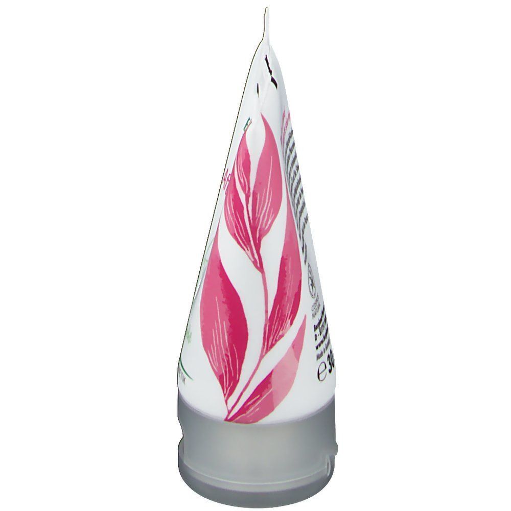 Ansicht einer Tube Bergland Intim After Shave. Weiße Tube mit rosa Blütenmuster. Grauer Verschluss.
