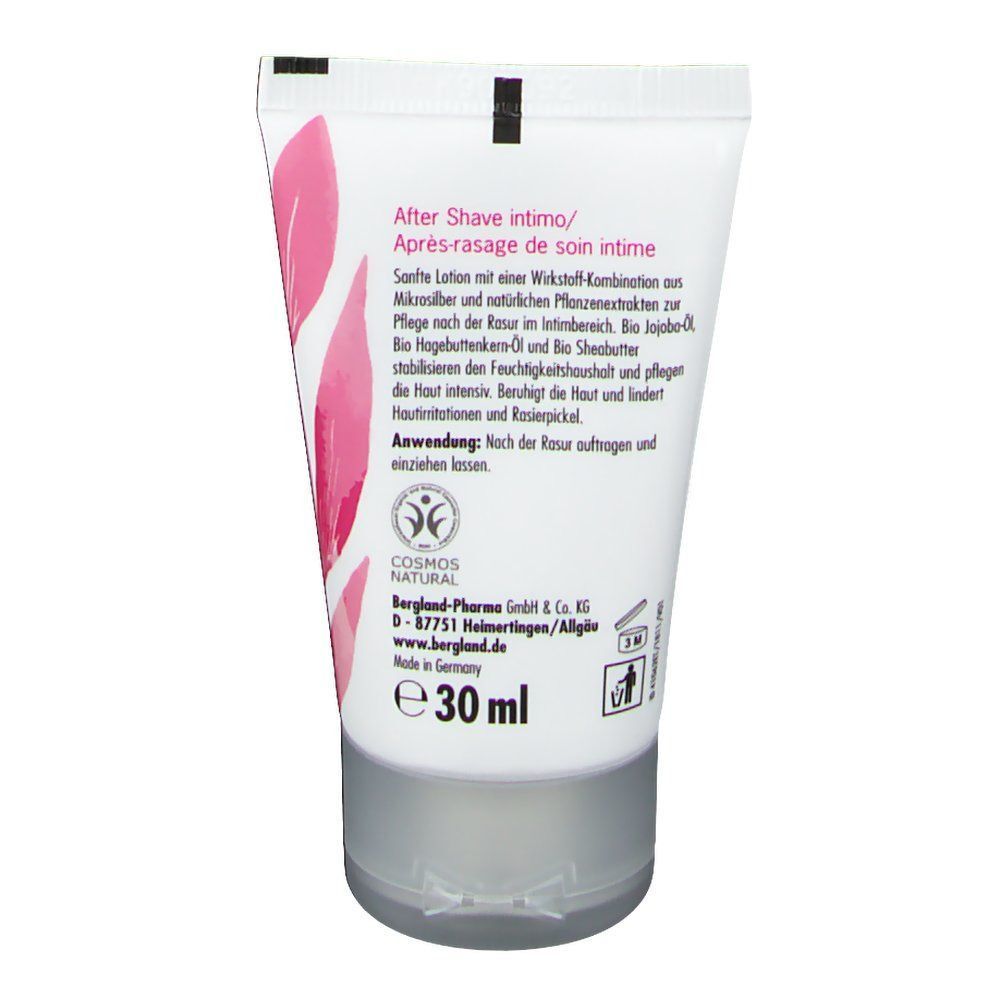 Rückseite einer Tube Bergland Intim After Shave. Text in Deutsch und Französisch. 30 ml. COSMOS NATURAL Siegel.