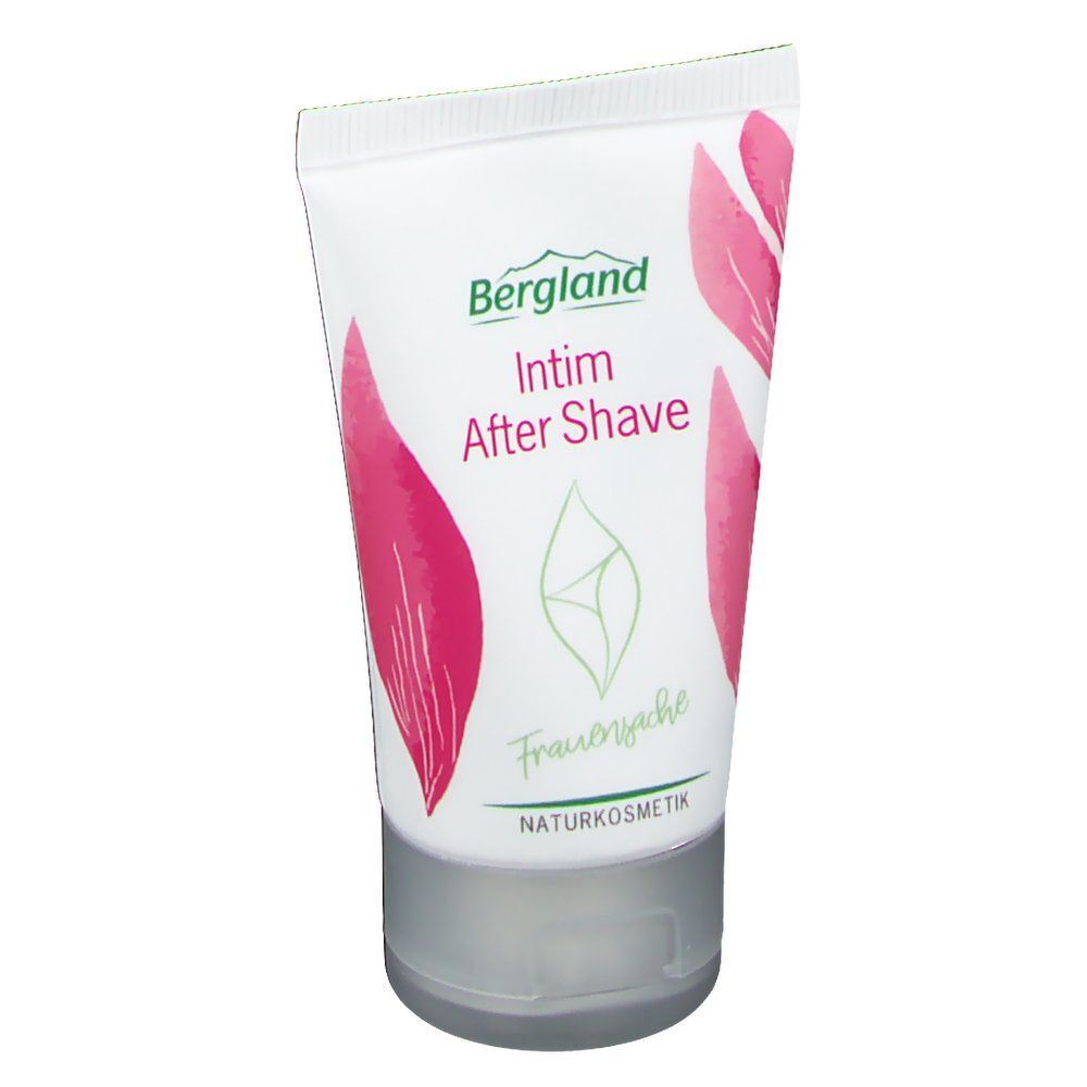 Tube Bergland Intim After Shave. Weiße Tube mit rosa Blütenmuster und grüner Schrift. Naturkosmetik.