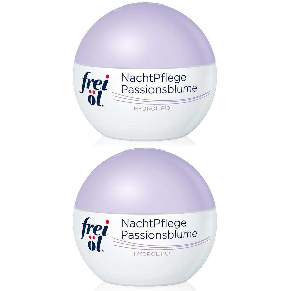 Zwei weiße Tiegel mit lila Deckel. Aufschrift: frei öl, NachtPflege Passionsblume, HYDROLIPID.