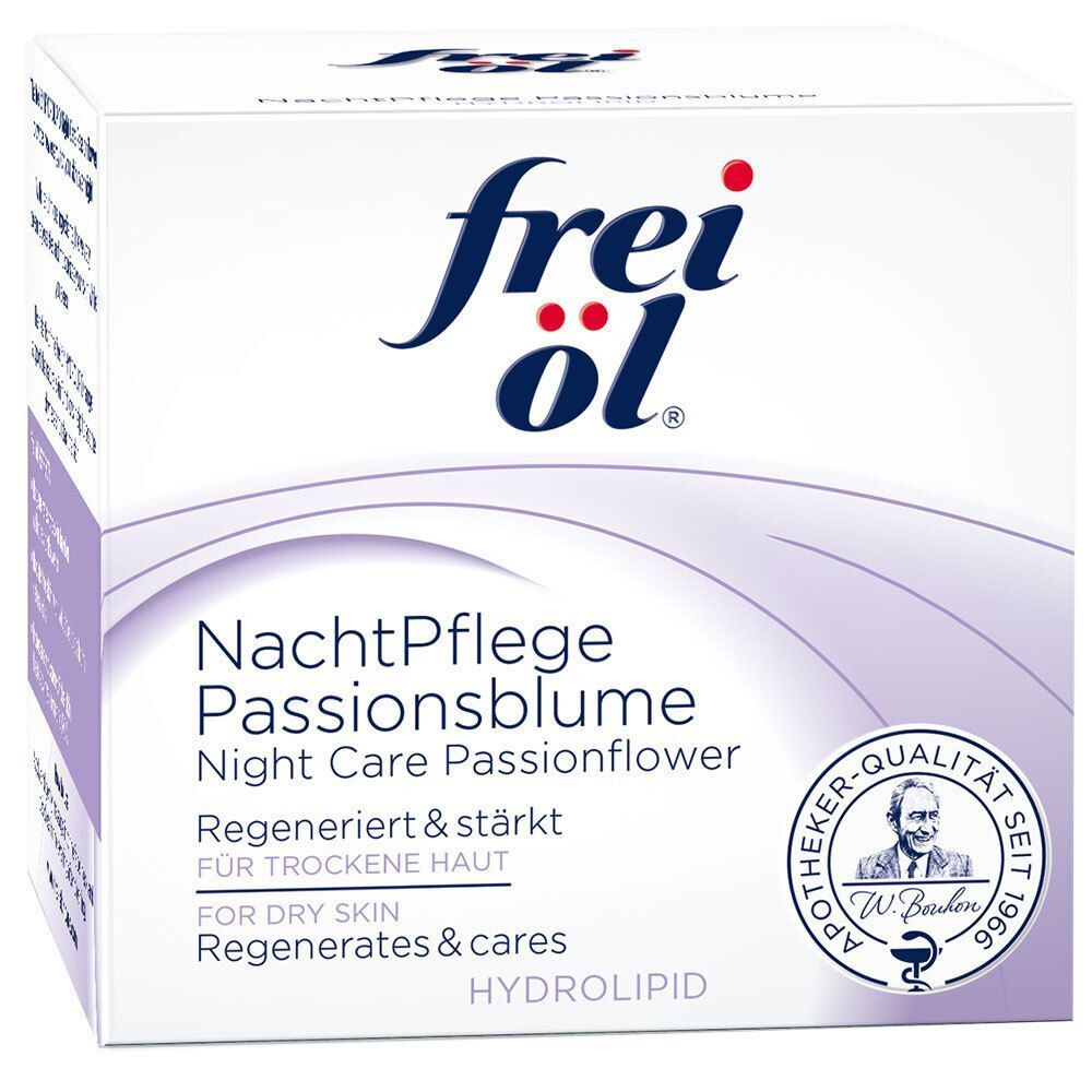 Weiße Verpackung mit frei öl Logo. Aufschrift: NachtPflege Passionsblume, Regeneriert & stärkt für trockene Haut.