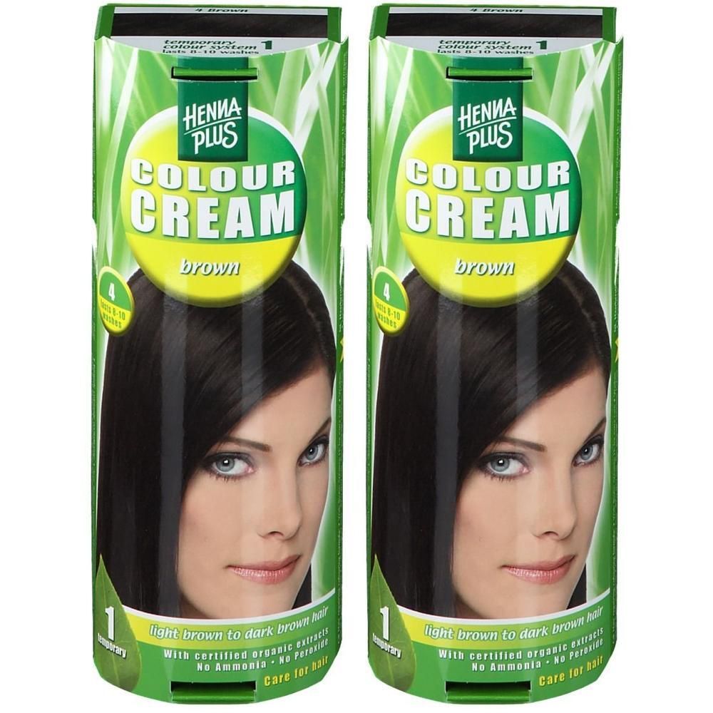 Zwei Packungen Hennaplus Colour Cream Brown. Auf jeder Packung ist das Gesicht einer Frau mit braunen Haaren abgebildet. Text: Colour Cream Brown.