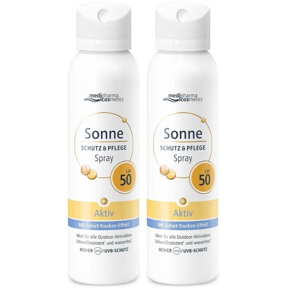Zwei weiße Aerosolsprays mit gelben und blauen Akzenten. Aufschrift: Sonne Schutz & Pflege Spray LSF 50. Marke: medipharma cosmetics.