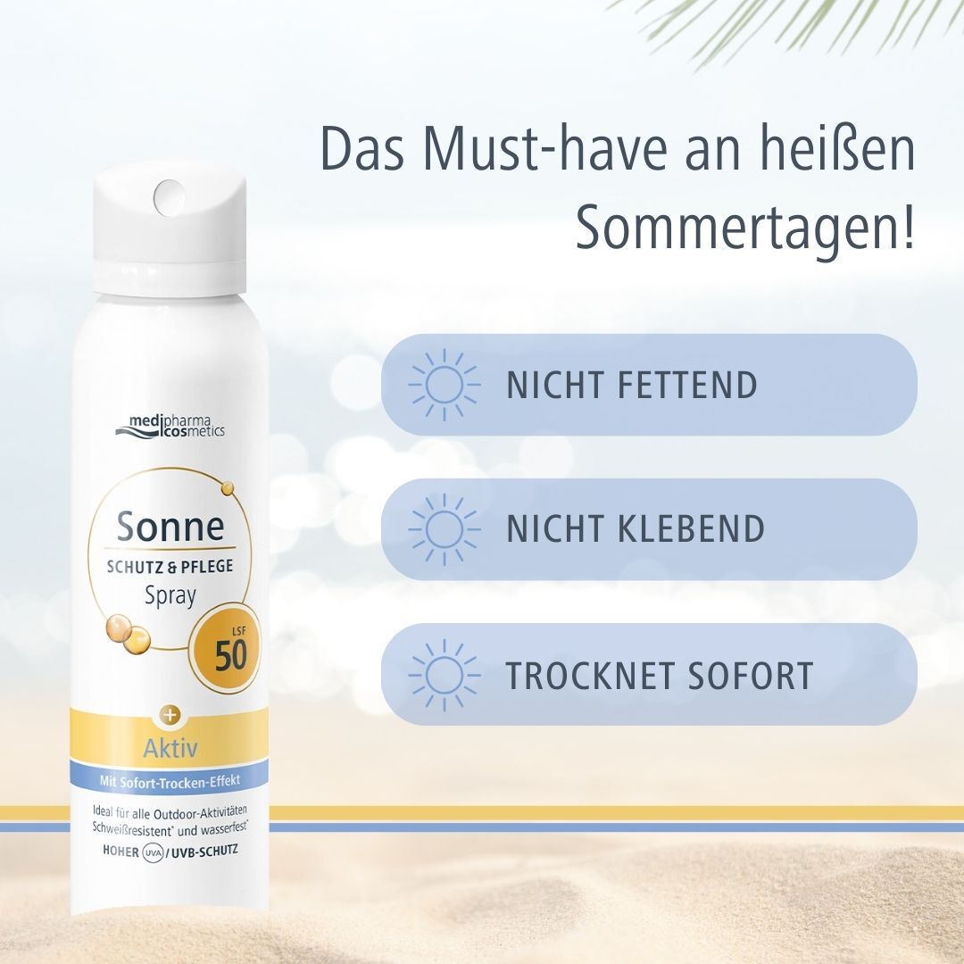 Weißes Aerosolspray mit gelben und blauen Akzenten. Aufschrift: Sonne Schutz & Pflege Spray LSF 50. Nicht fettend, nicht klebend, trocknet sofort.