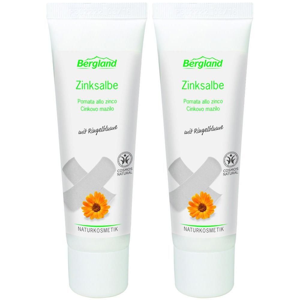 Zwei Tuben Zinksalbe mit Logo und Text. Aufdrucke: Bergland, Zinksalbe, Ringelblume, Naturkosmetik. Mit Cosmos Natural Zertifizierung.