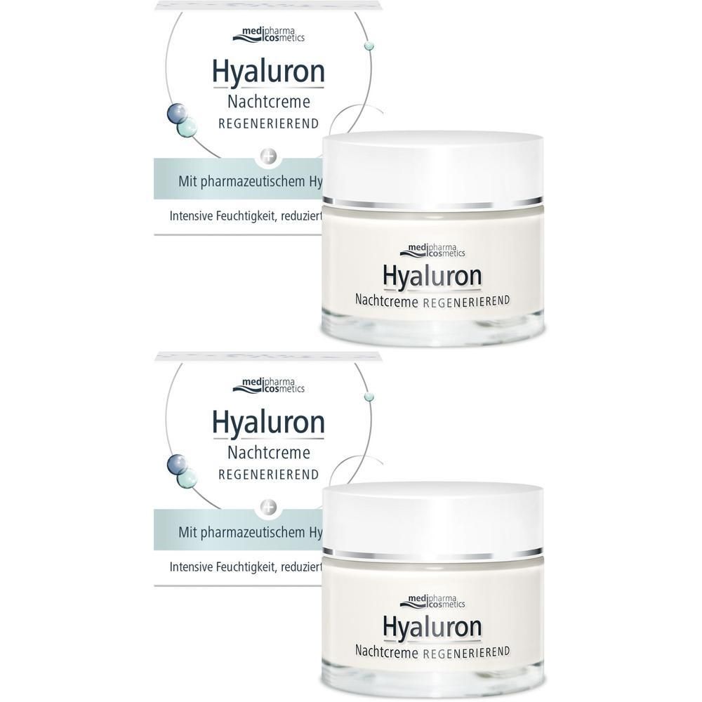 Zwei Tiegel Nachtcreme mit Verpackung. Aufschrift: Hyaluron Nachtcreme Regenerierend. Marke: medipharma cosmetics.