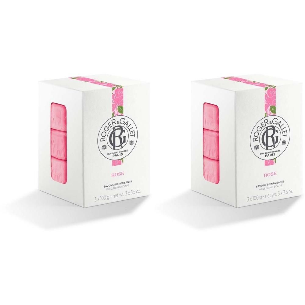 Zwei weiße Kartons mit rosa Seifen. Aufdruck: ROGER&GALLET, Rose. Verpackung mit rosa Rosenmuster.
