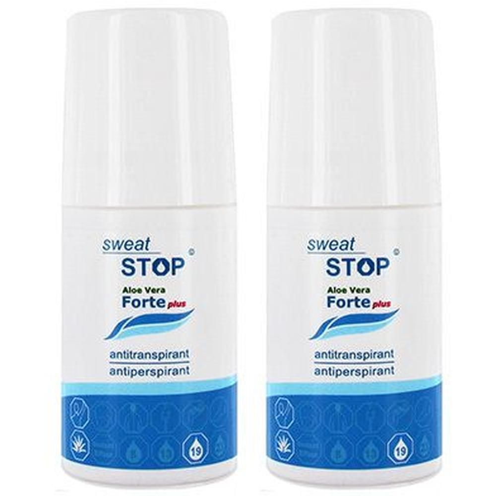 Zwei weiße Roll-on-Antitranspirant-Flaschen. Aufschrift: Sweat Stop Aloe Vera Forte plus. Blaue und weiße Verpackung.