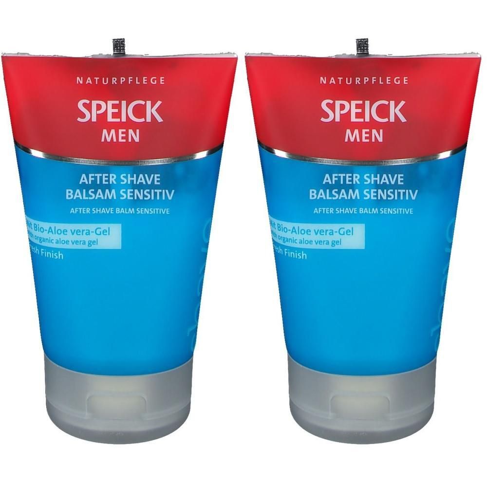 Zwei Tuben After Shave Balsam Sensitiv. Roter und blauer Aufdruck. Text: SPEICK MEN, After Shave Balsam Sensitiv.