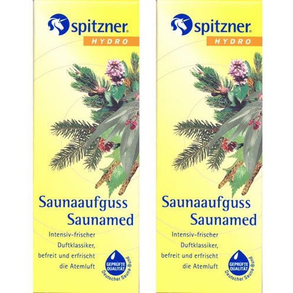Zwei Packungen Spitzner Hydro Saunaaufguss Saunamed. Gelbe Verpackung mit Logo, Produktname und floralem Motiv. Siegel 'Geprüfte Qualität'.