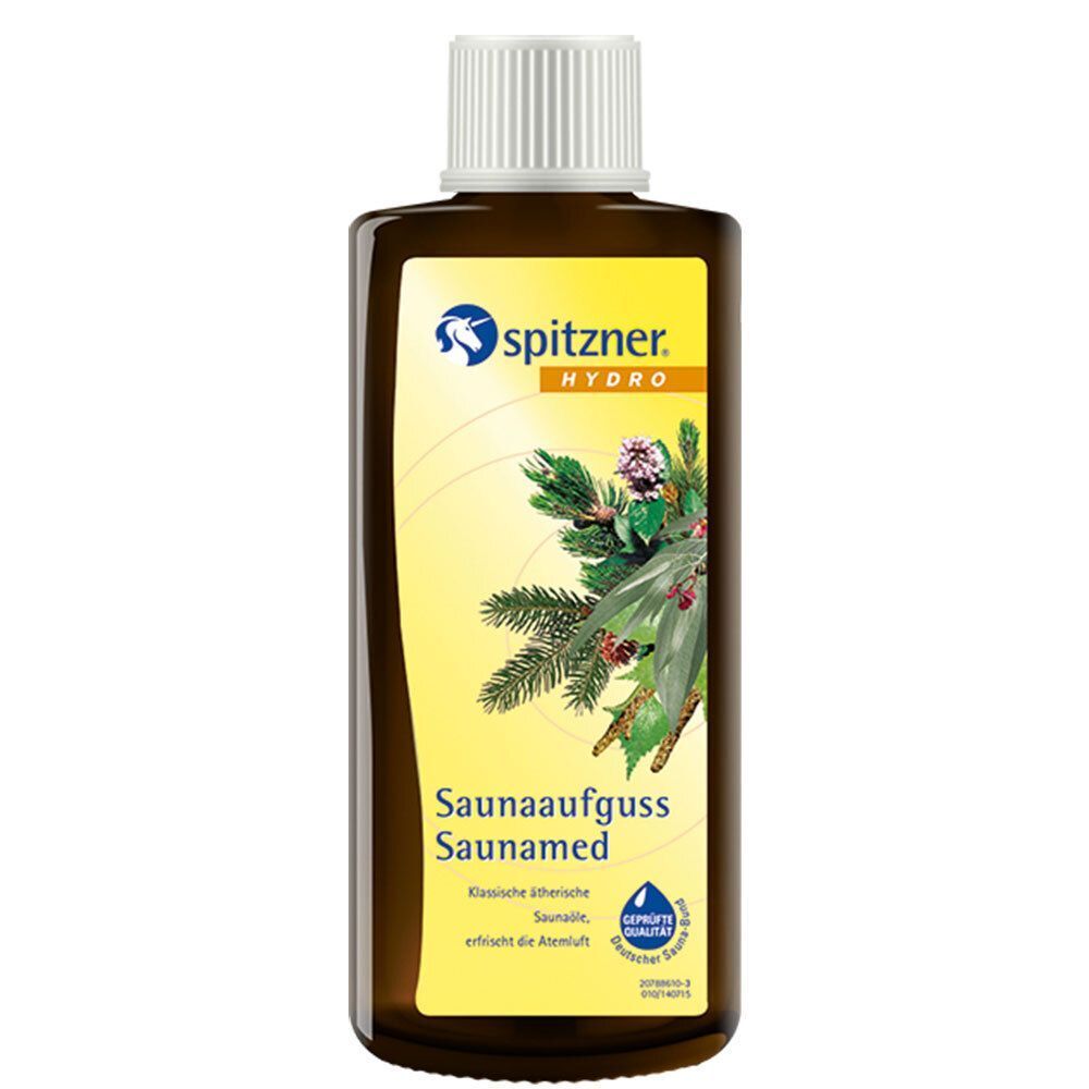 Braune Flasche Spitzner Hydro Saunaaufguss Saunamed. Weißer Deckel, gelbes Etikett mit Logo, Produktname und floralem Motiv. Siegel 'Geprüfte Qualität'.