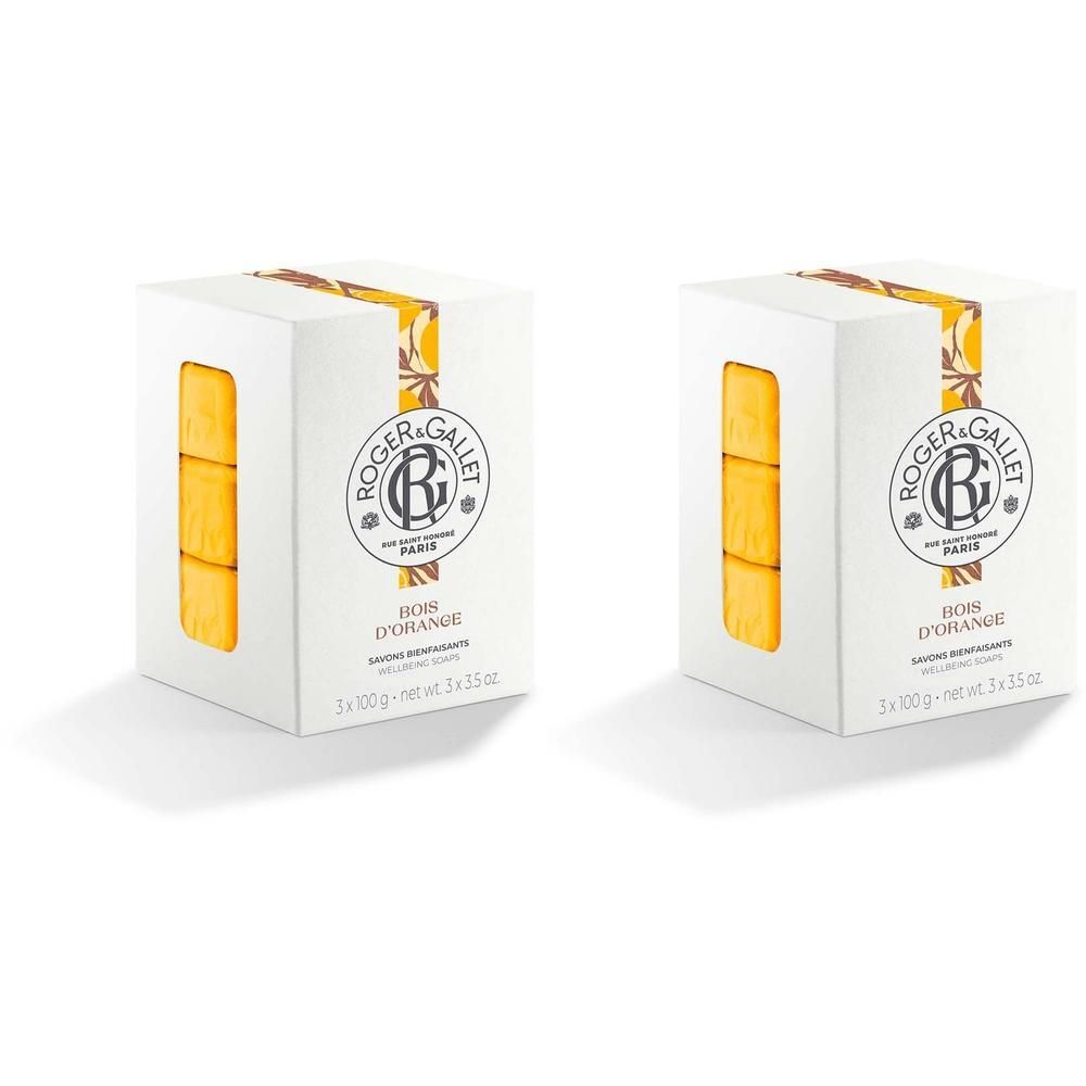 Zwei Seifencoffret-Boxen. Weiße Kartons mit ROGER&GALLET-Logo und Schriftzug Bois d'Orange. Sichtbare Seifenstücke in Orange.