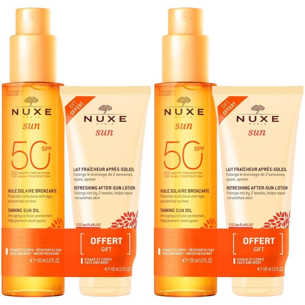Zwei NUXE Sun Sets. Jedes Set enthält Sonnenöl LSF 50 und After-Sun-Pflege. Beide Produkte sind in orangefarbener Verpackung.