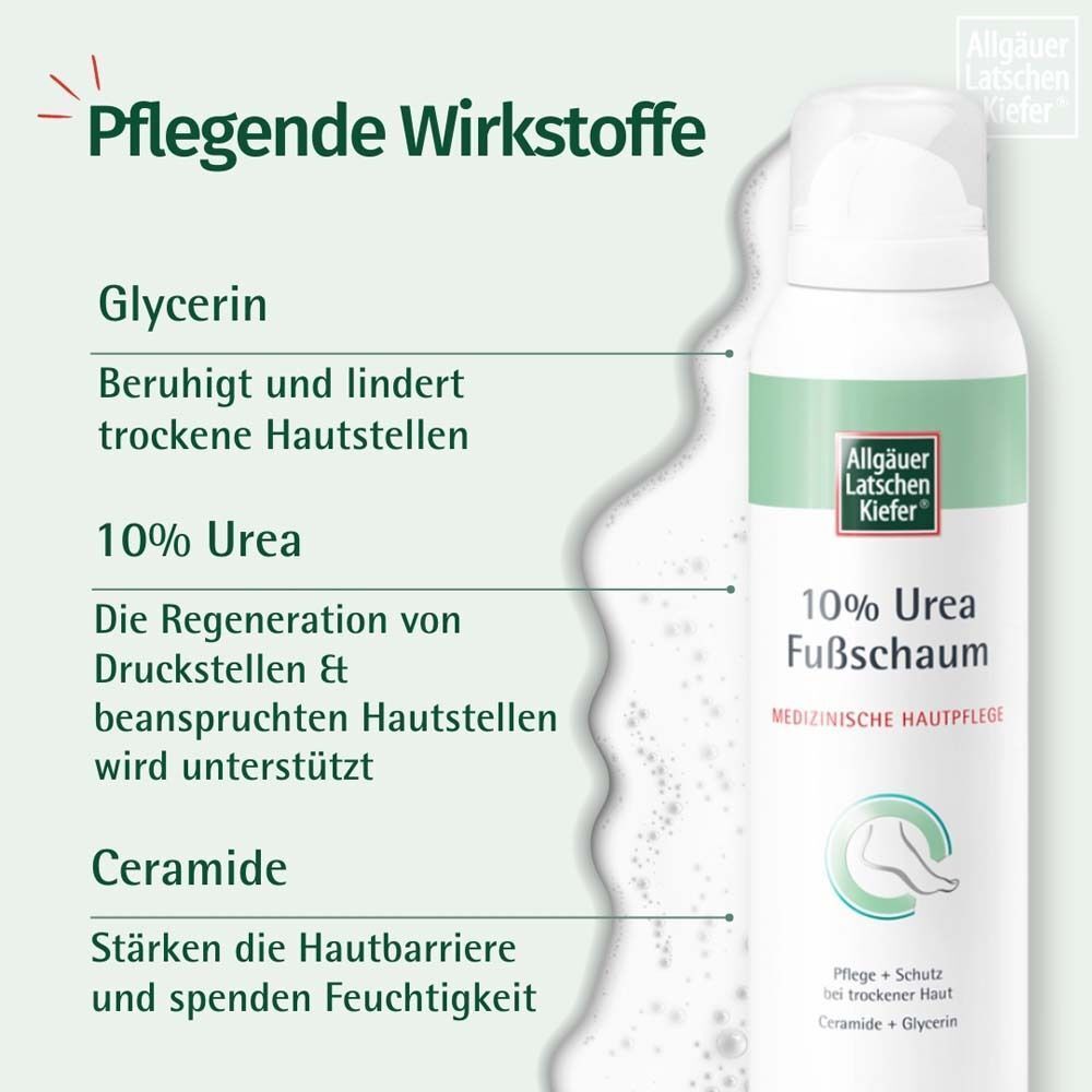 Weiße Sprühflasche mit grünem Etikett. Aufschrift: 10% Urea Fußschaum. Medizinische Hautpflege. Marke: Allgäuer Latschenkiefer. Text: Pflegende Wirkstoffe.