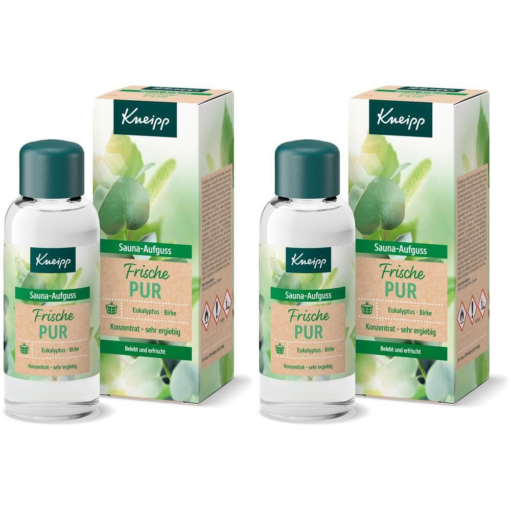 Zwei Flaschen Kneipp® Sauna-Aufguss Frische Pur mit Verpackung. Flaschen mit grünem Deckel, Etikett mit Produktnamen. Verpackung mit Blättern.