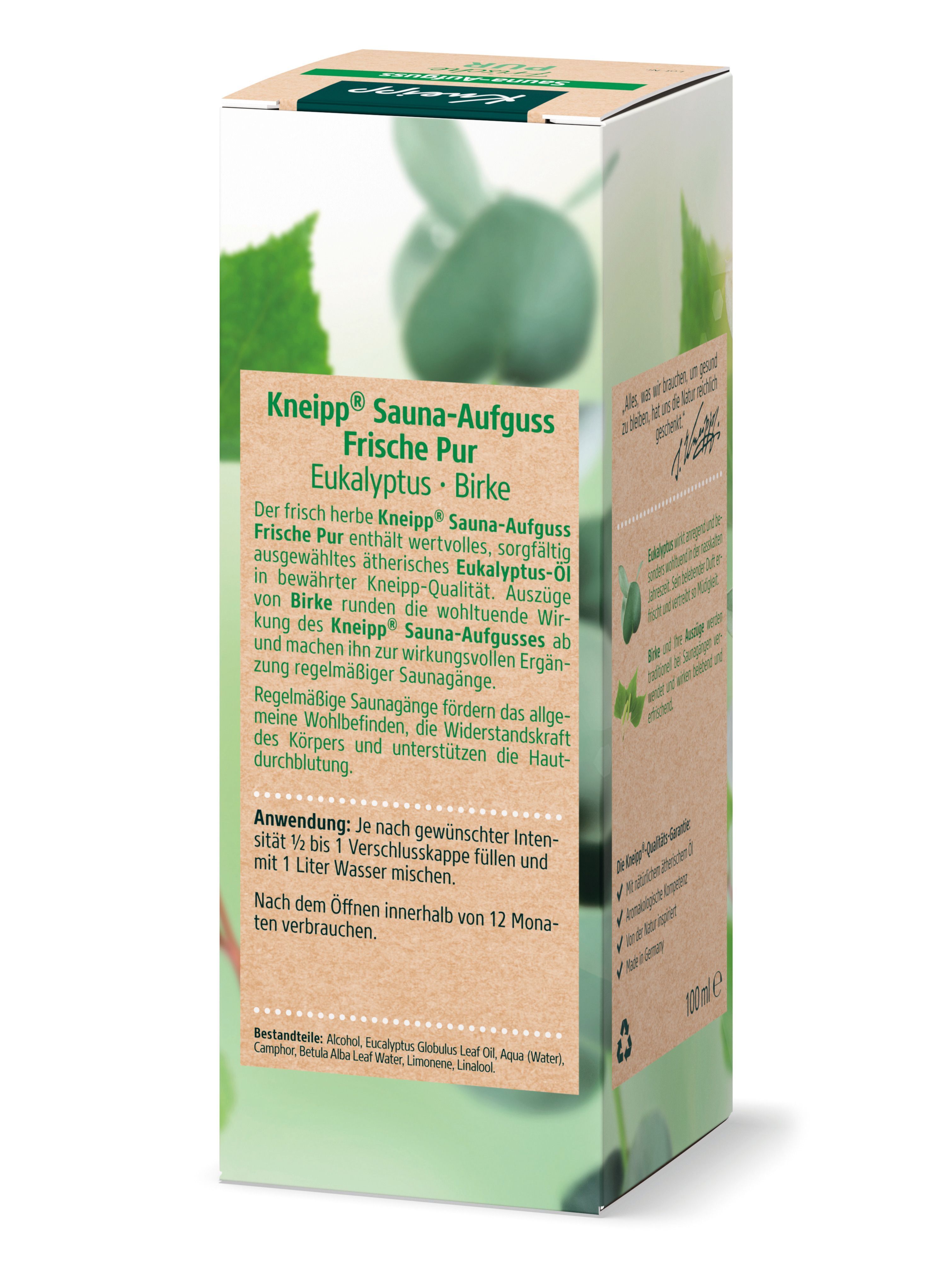 Verpackung von Kneipp® Sauna-Aufguss Frische Pur. Text mit Produktinformationen und Anwendungshinweisen. Hintergrund mit Blättern.