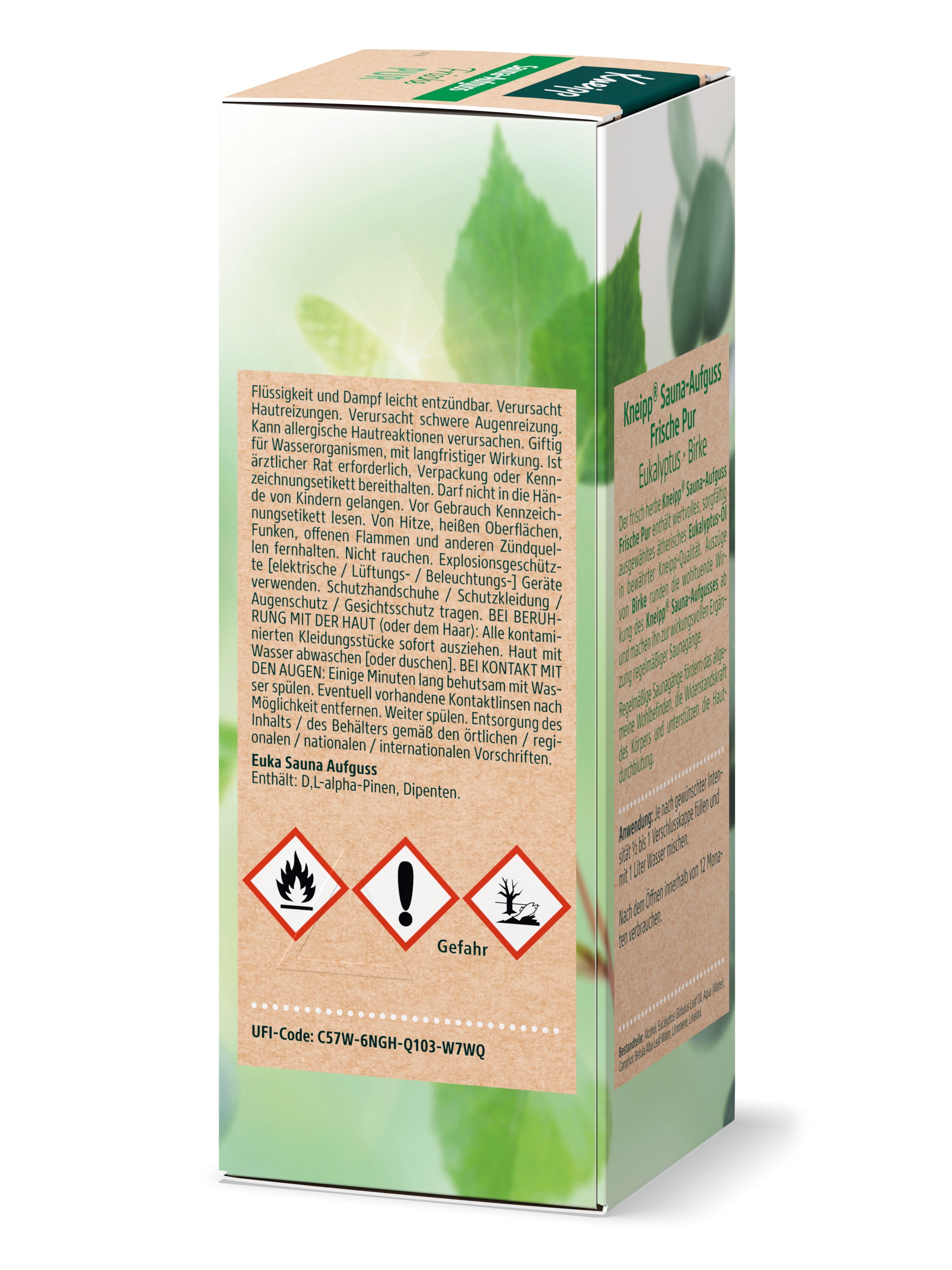 Verpackung von Kneipp® Sauna-Aufguss Frische Pur. Warnhinweise und Gefahrensymbole. Hintergrund mit Blättern.