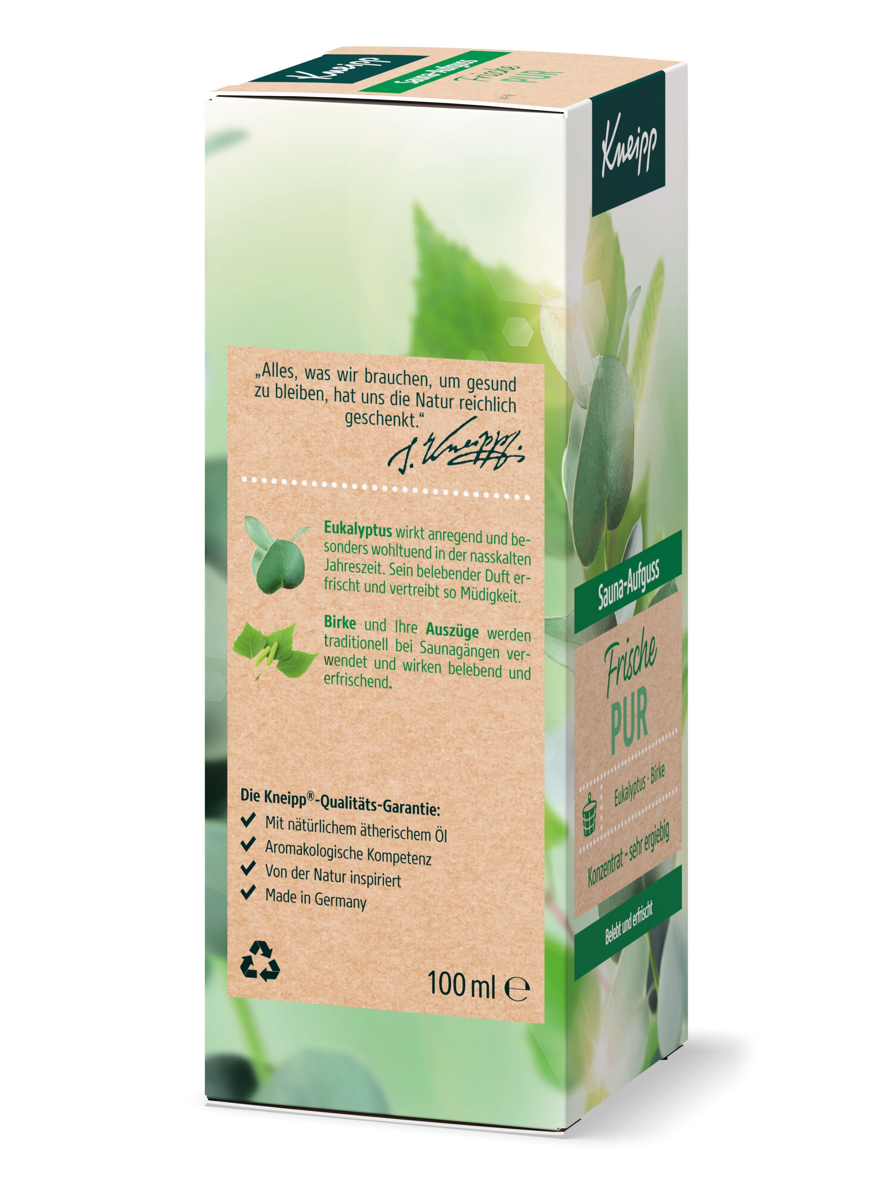 Verpackung von Kneipp® Sauna-Aufguss Frische Pur. Text über die Inhaltsstoffe und Vorteile. Hintergrund mit Blättern. 100 ml.