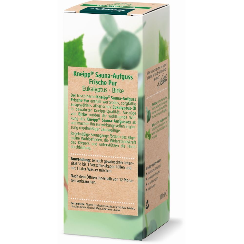 Verpackung von Kneipp® Sauna-Aufguss Frische Pur. Text mit Produktinformationen und Anwendungshinweisen. 100 ml.
