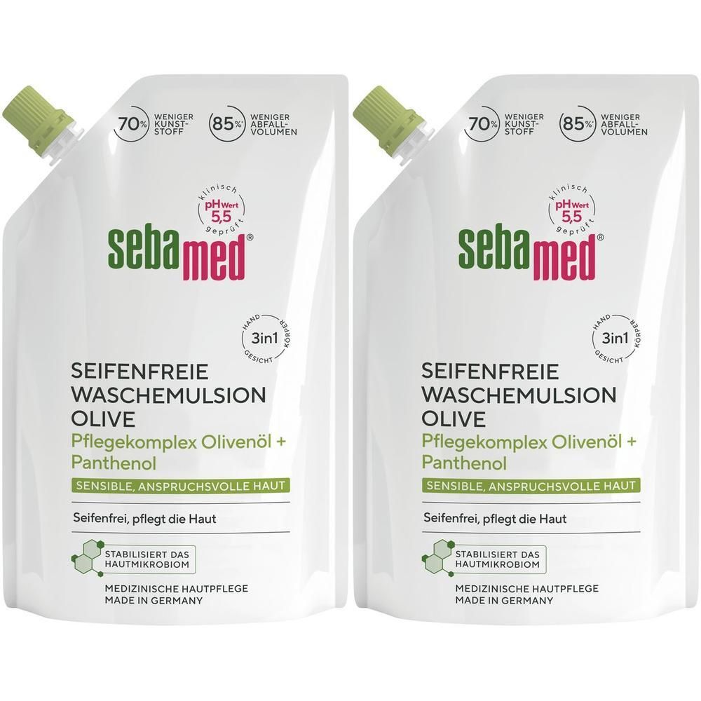 Zwei Nachfüllbeutel Sebamed Waschemulsion Olive. Weiß, mit grünem Verschluss. Text: Sebamed, Seifenfreie Waschemulsion Olive.