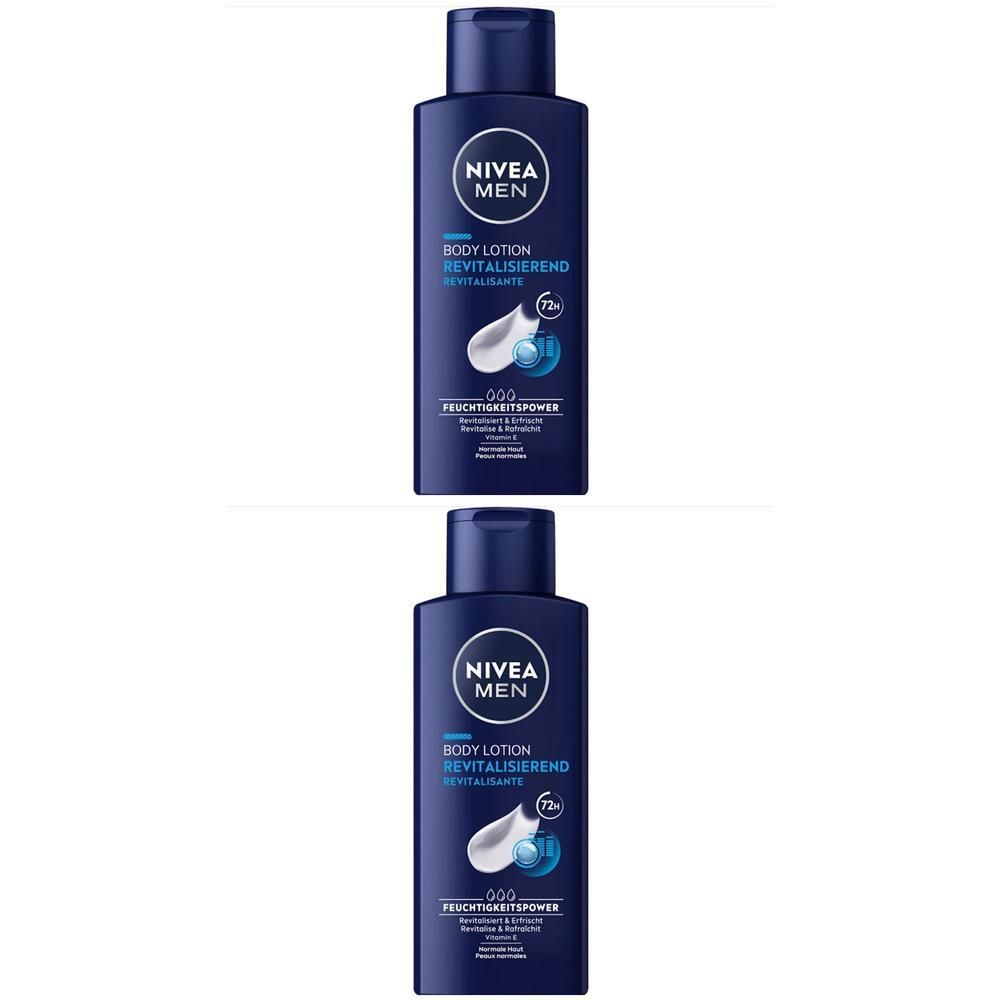 Zwei blaue Flaschen NIVEA MEN Body Lotion. Aufschrift: Body Lotion, revitalisierend. Mit weißem Tropfen und blauem Kreis.