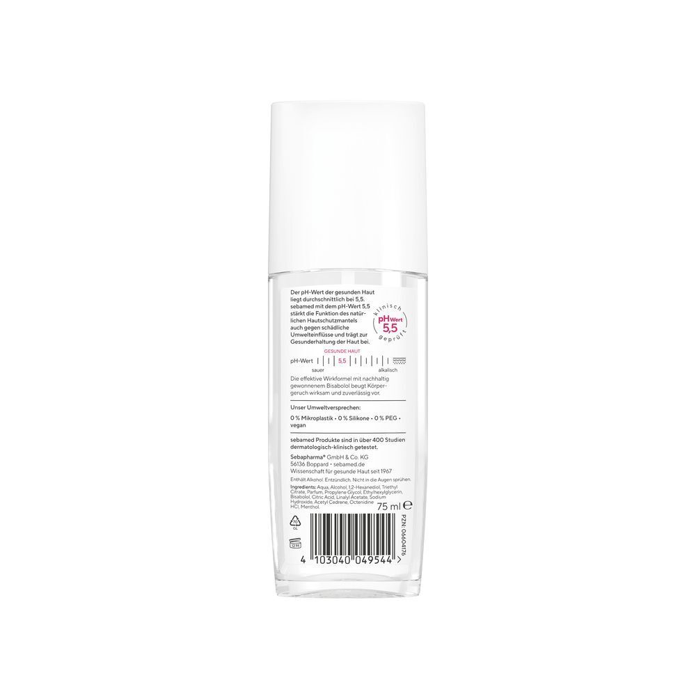 Rückseite eines transparenten Deo-Sprays mit weißem Deckel. Text: Sebamed, pH 5.5, Inhaltsstoffe, 75 ml. Barcode. Hergestellt in Deutschland.